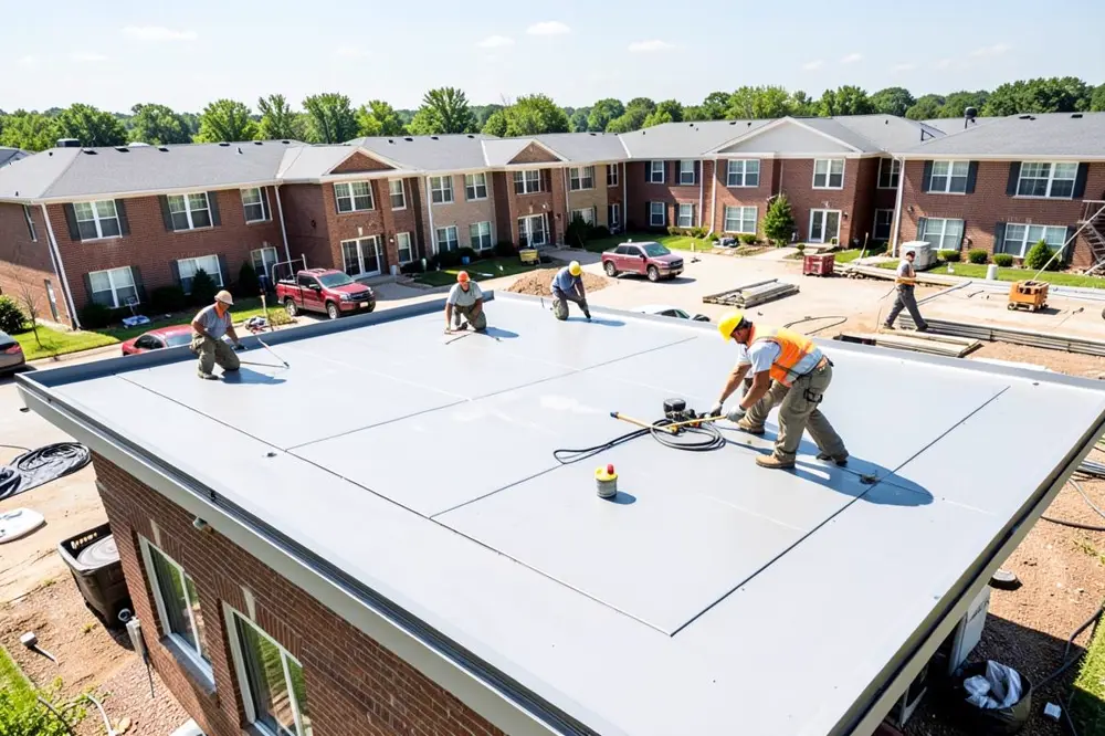 Representative roofing crew working on a multi-family property